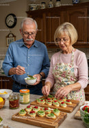 Older couple preparing fresh appetizers in cozy kitchen