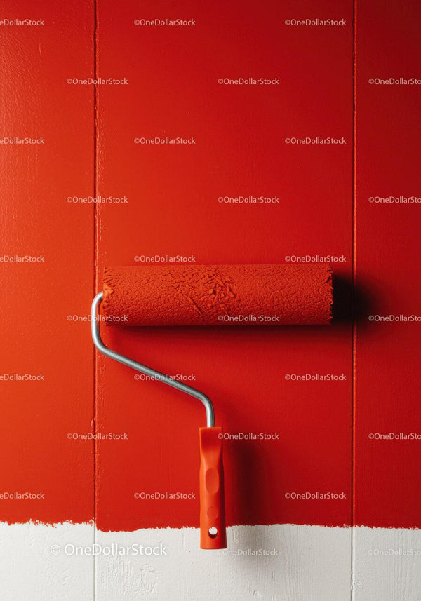 Red Paint Roller Applying Bright Red Paint to Wall