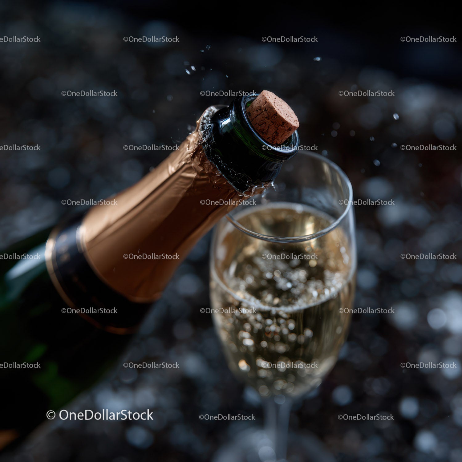 Champagne Bottle with Cork Pouring into Sparkling Glass for Celebration