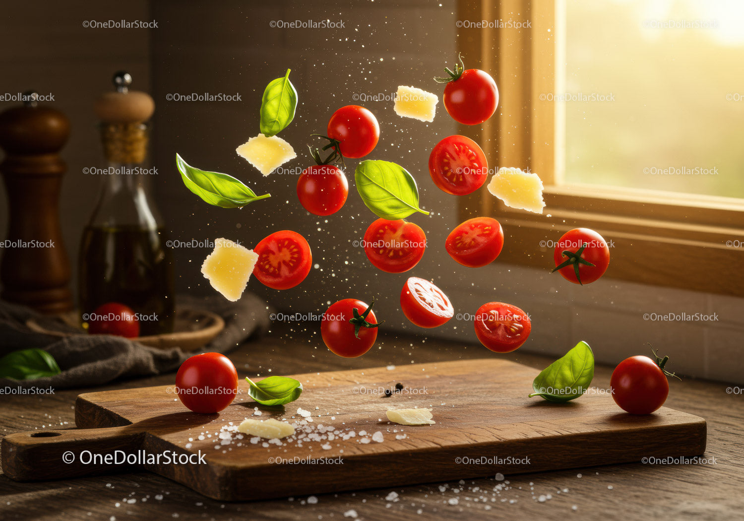 Fresh cherry tomatoes basil and cheese in midair