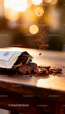 Crumbled cocoa cookies spilling from kraft packaging