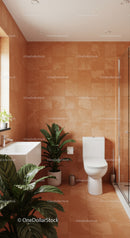 Modern Bathroom with Terracotta Tiles and Indoor Plants