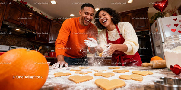 Couple Baking Heart Shaped Cookies in Cozy Kitchen