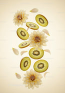 Fresh kiwi slices with soft yellow dahlia flowers