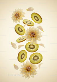 Fresh kiwi slices with soft yellow dahlia flowers