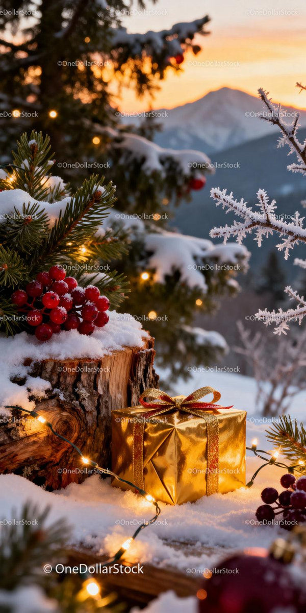 Golden Gift Box in Snowy Winter Forest at Sunset