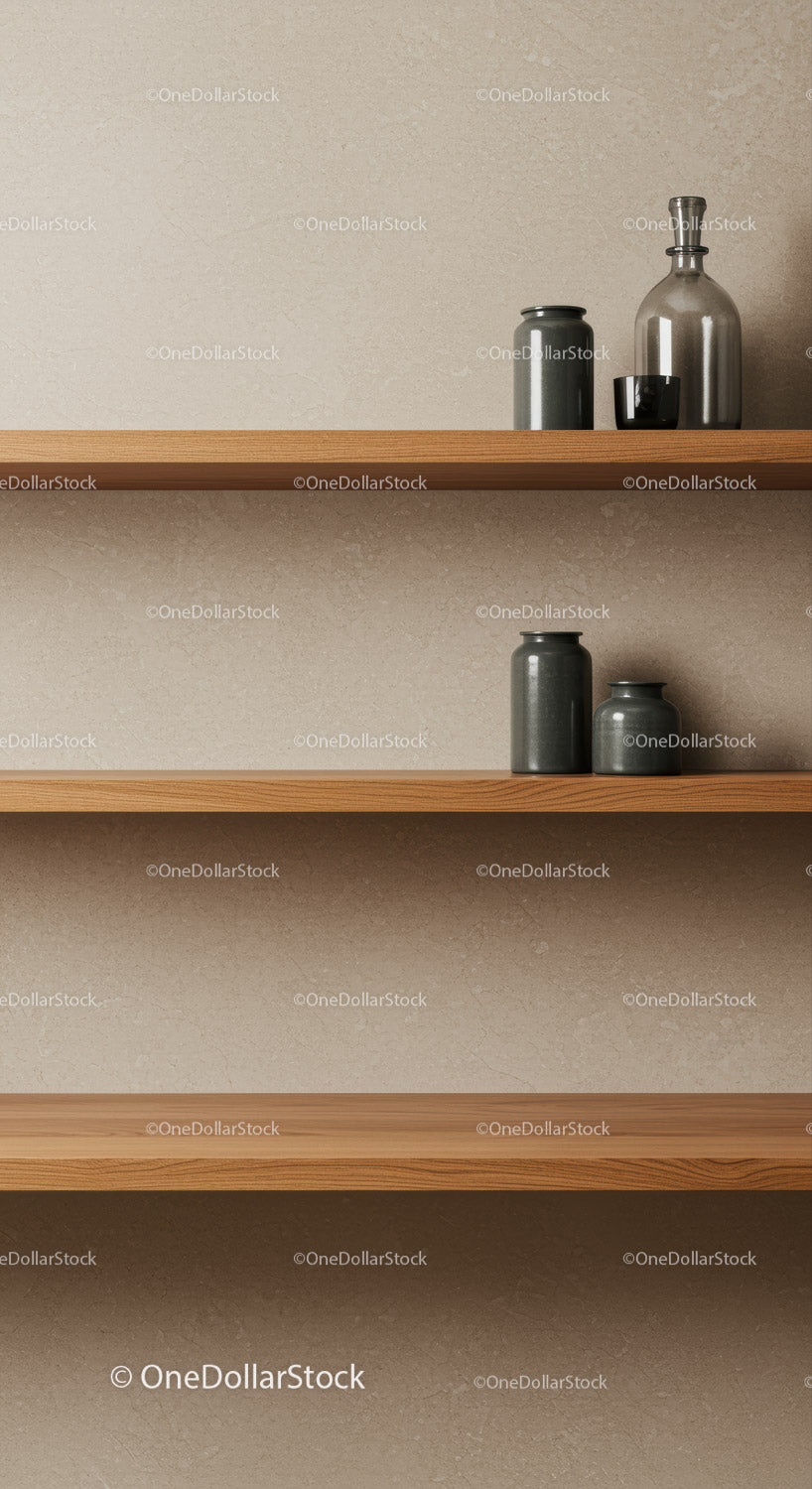 Modern Interior with Wooden Shelves and Stylish Glass Jars