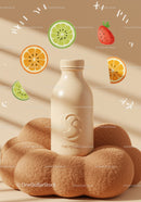 Minimalist beige cosmetic bottle with vibrant fruit illustrations