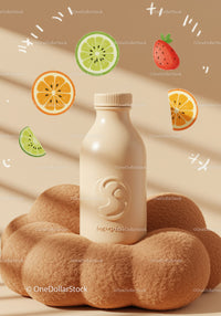 Minimalist beige cosmetic bottle with vibrant fruit illustrations