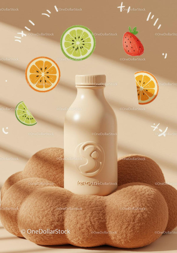 Minimalist beige cosmetic bottle with vibrant fruit illustrations