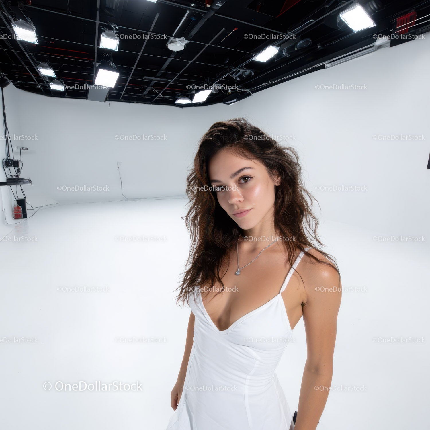 Young Woman in White Dress Posing in Modern Photography Studio
