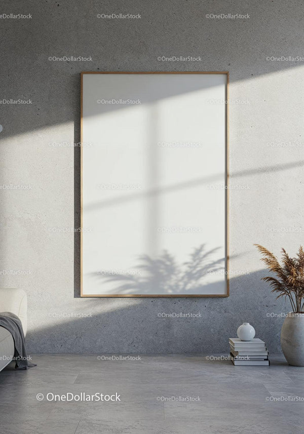 Minimalist interior with blank frame on textured wall JPG Mockup Image