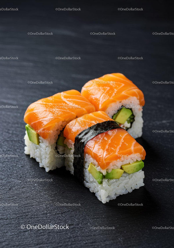 Fresh salmon avocado sushi rolls on black slate surface