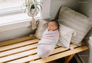 Peaceful newborn wrapped in pastel blanket by window