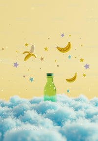 Green bottle floating among clouds with bananas and stars