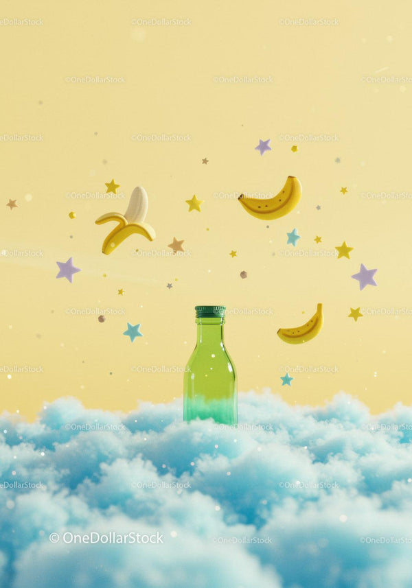 Green bottle floating among clouds with bananas and stars JPG Mockup Image