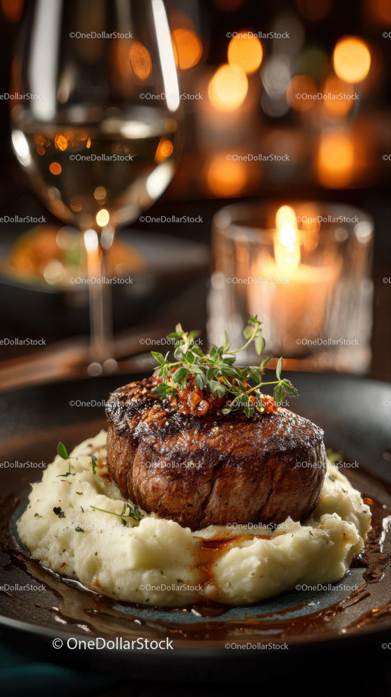 Gourmet Beef Steak with Mashed Potatoes and Herbs in Elegant Setting