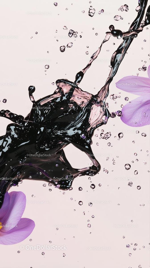 Black Ink Water Splash with Purple Crocus Flowers in Fluid Motion