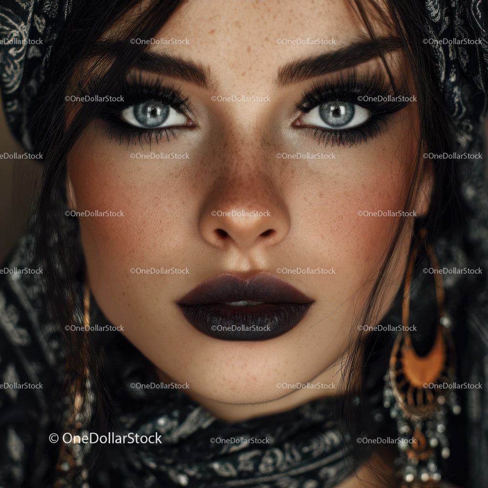 Close-up of Woman with Blue Eyes and Dark Makeup in Bohemian Style