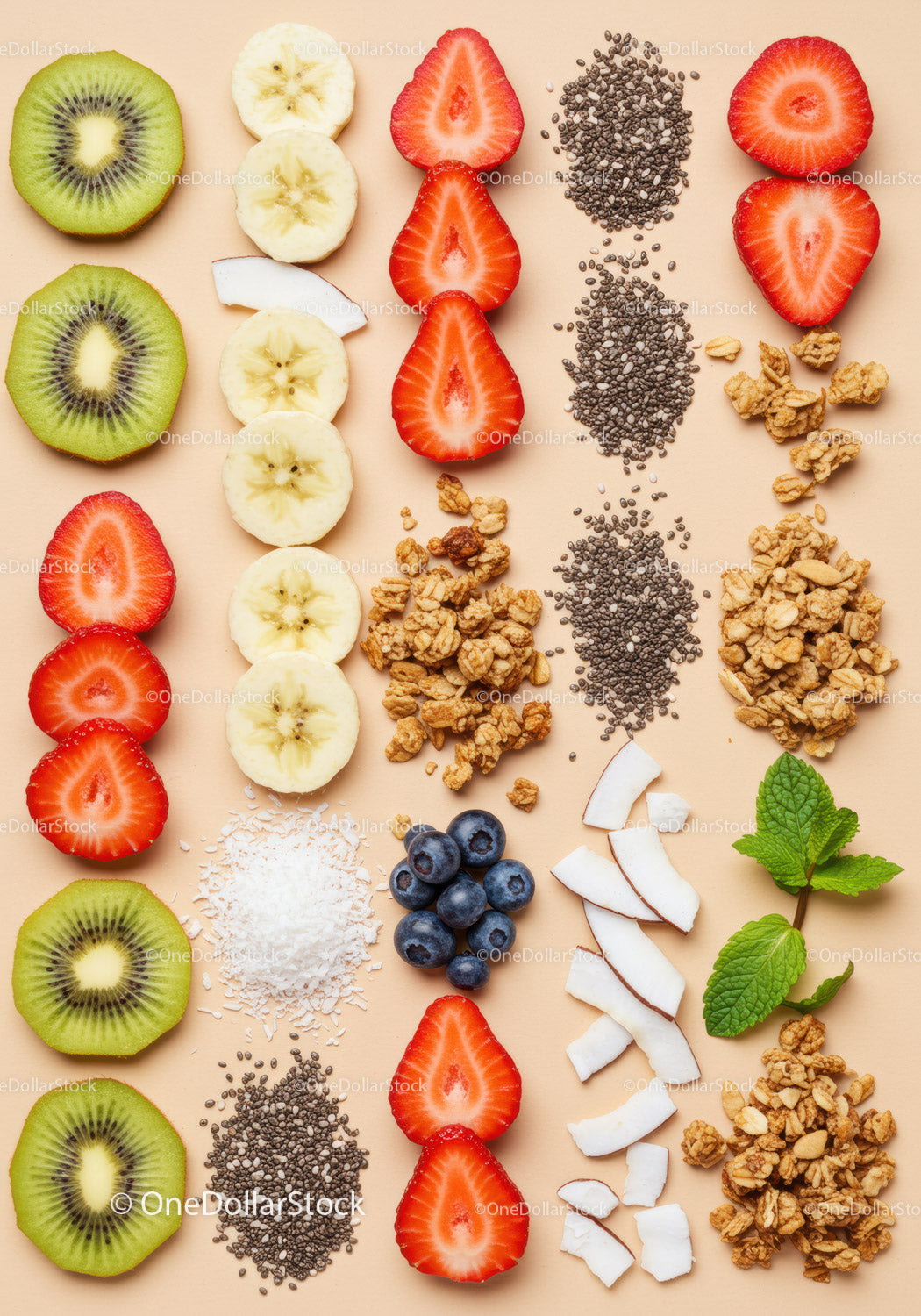 Fresh Fruits and Superfoods Arranged on Beige Background