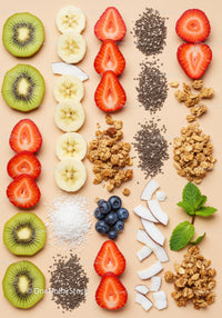 Fresh Fruits and Superfoods Arranged on Beige Background
