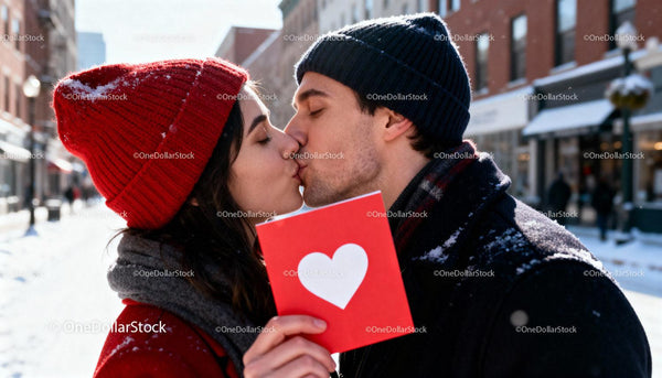 Couple Sharing a Kiss on a Snowy Valentine Day