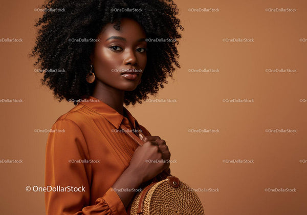Elegant Woman with Curly Hair in Amber Blouse on Soft Brown Background