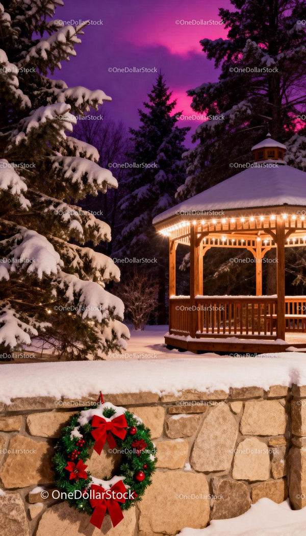 Snowy Winter Gazebo with Festive Holiday Wreath