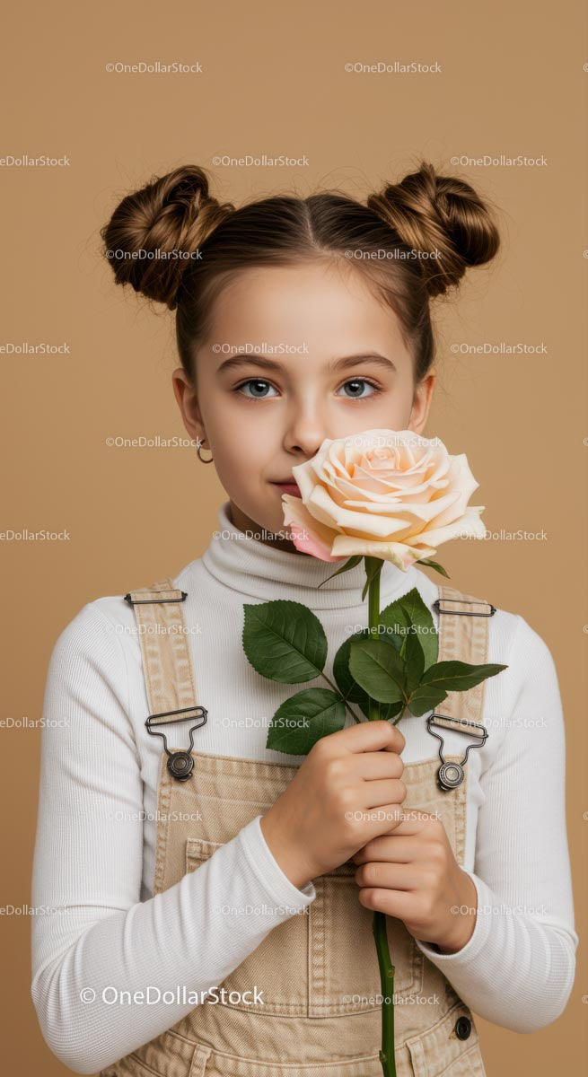 Young Girl with Pale Peach Rose Portrait on Soft Beige Background
