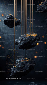 Futuristic Floating Dark Rocks with Gold Dust and Lines