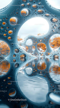 Large Blue Metallic Artistic Sculpture Reflecting Autumn Foliage