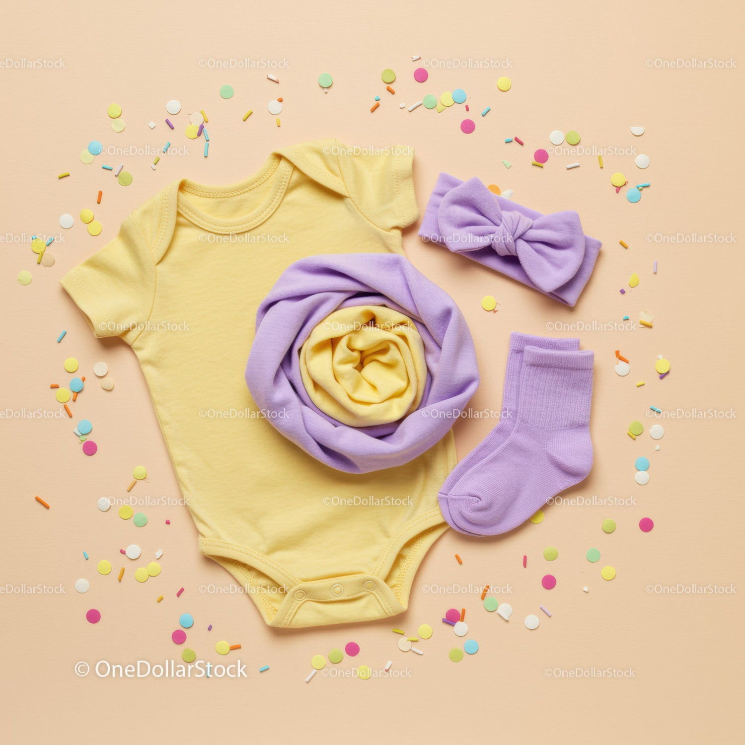 Yellow Baby Bodysuit with Purple Accessories and Confetti