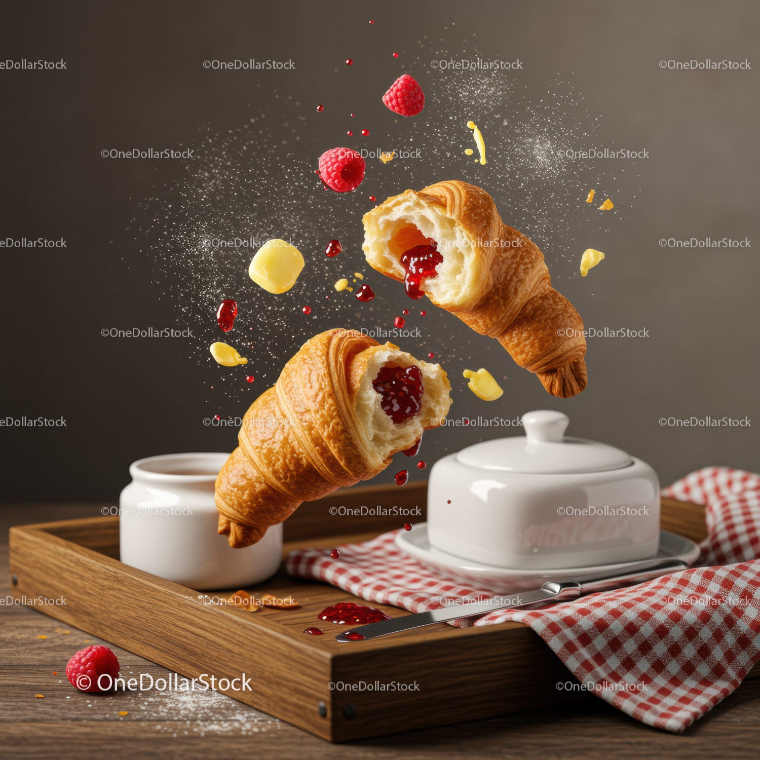 Fresh Croissants with Raspberry Jam and Butter on Tray