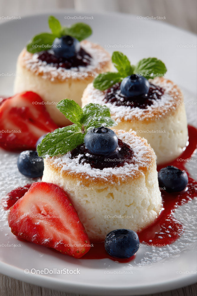 Creamy Cheesecake with Blueberries and Strawberries Garnished with Mint