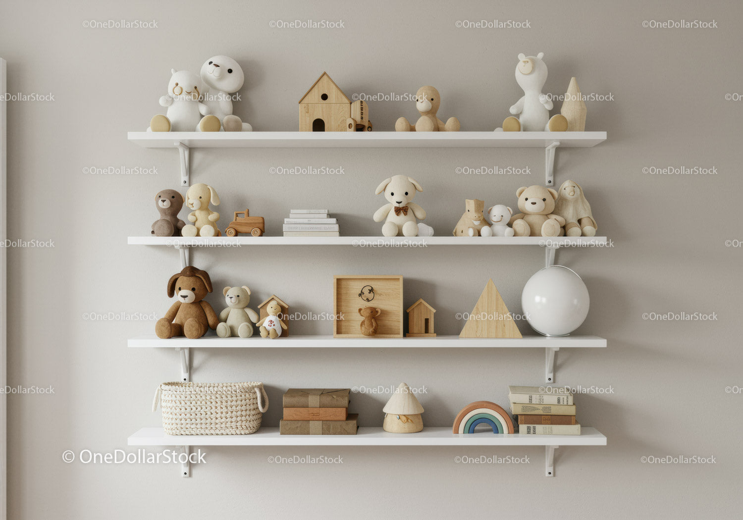 Colorful Collection of Plush Teddy Bears and Wooden Toys in Nursery