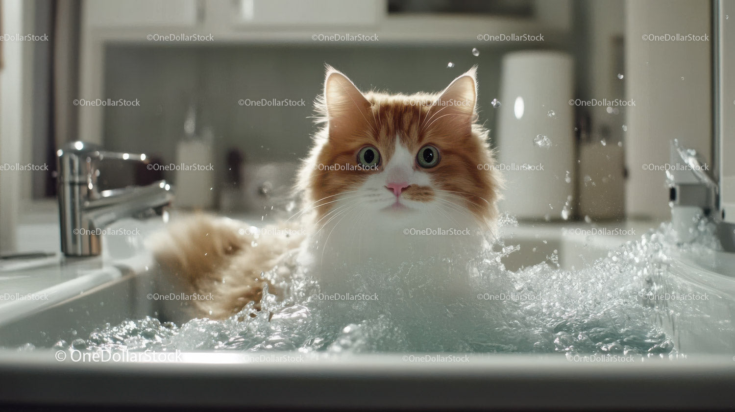 Cute Orange Cat Splashing Water in Bathroom Sink for Pet Fun