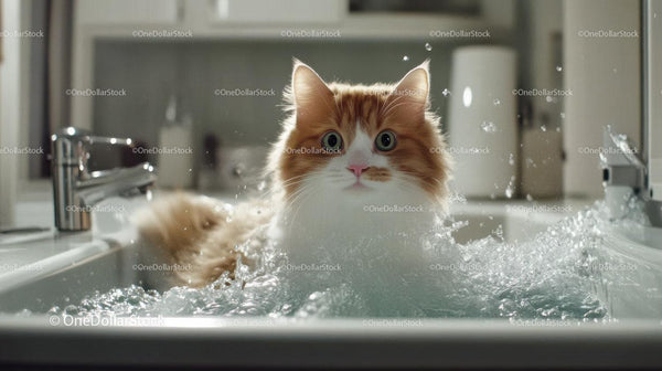 Fluffy Orange And White Cat In Bathtub Water Splash