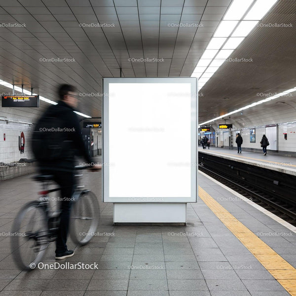 Cyclist passing empty illuminated ad in underground station JPG Mockup Image