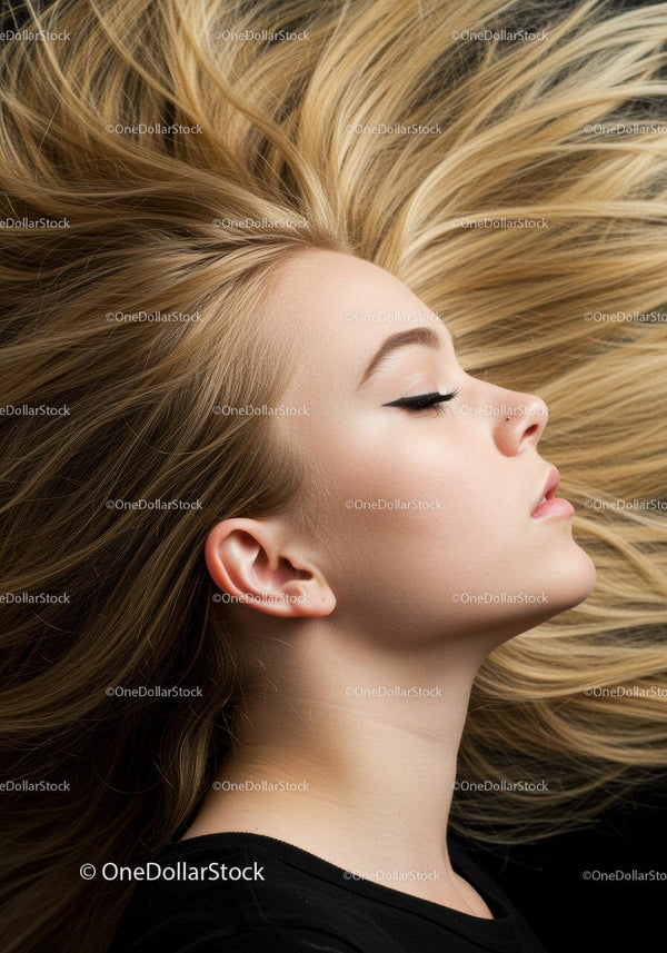 Blonde woman with flowing hair and serene expression
