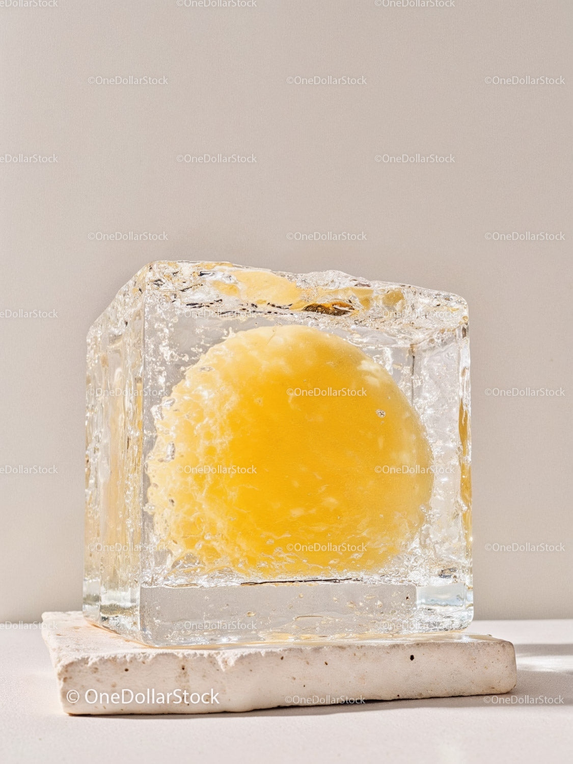 Fresh egg yolk frozen inside clear ice cube