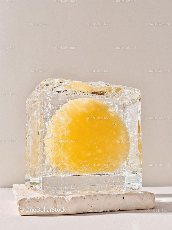 Fresh egg yolk frozen inside clear ice cube