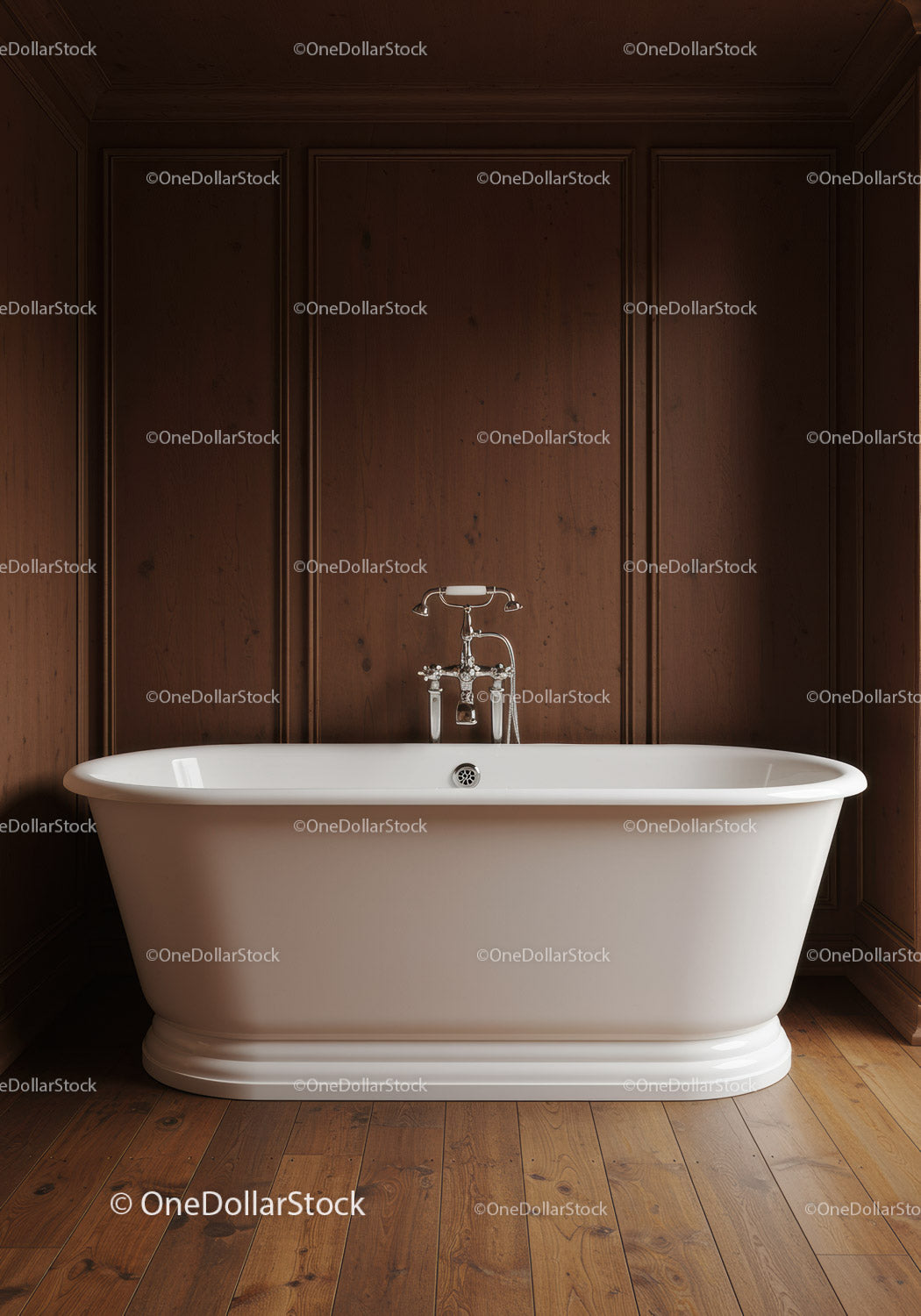 Vintage Freestanding Clawfoot Bathtub in Wooden Panelled Bathroom