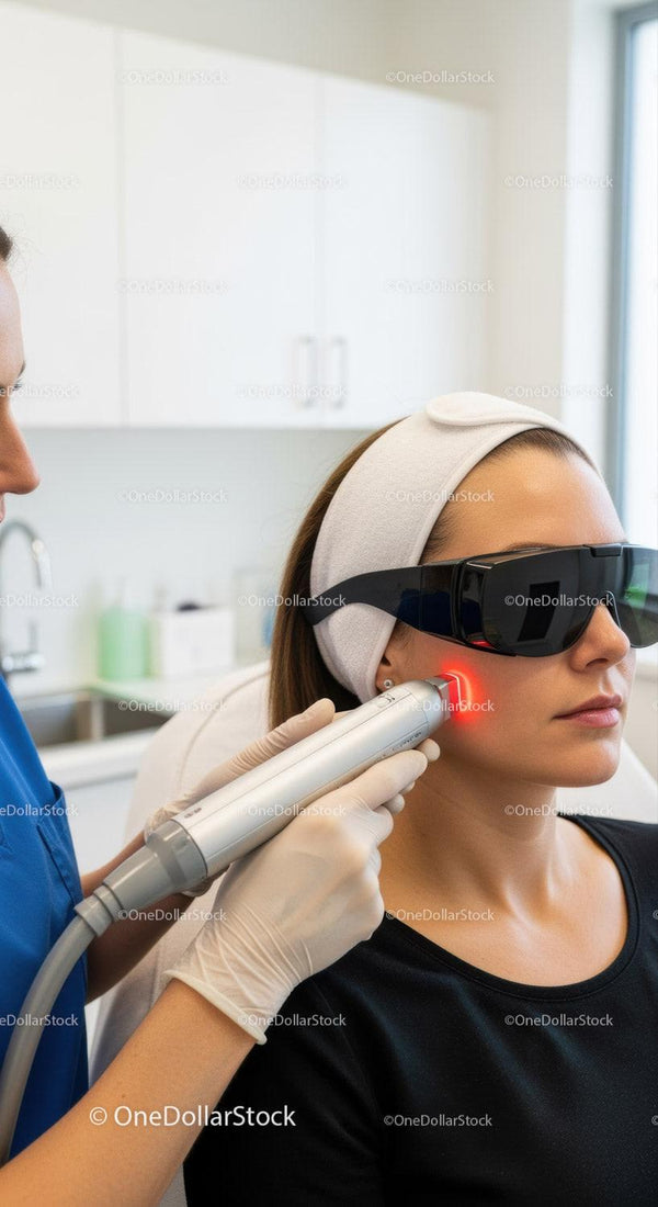 Kobieta poddająca się laserowemu zabiegowi odmładzania skóry w klinice dermatologicznej