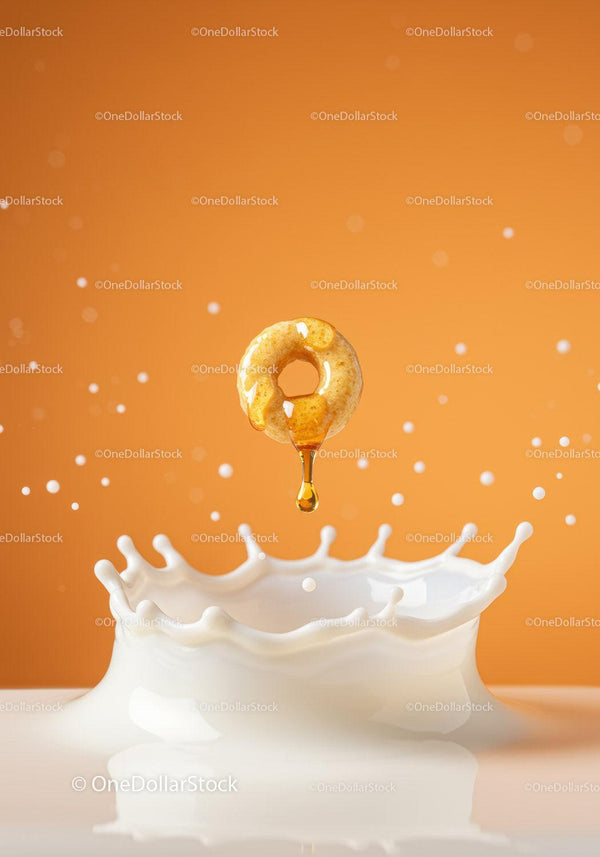 Honey Dripping From Cereal Ring Into Milk Splash