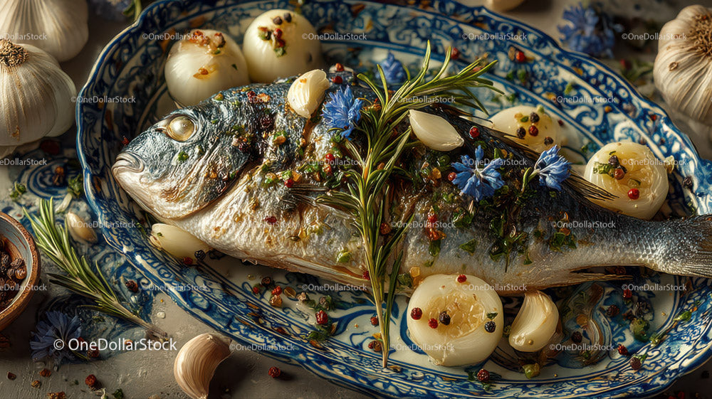 Fresh Whole Fish with Herbs and Spices on Blue and White Plate