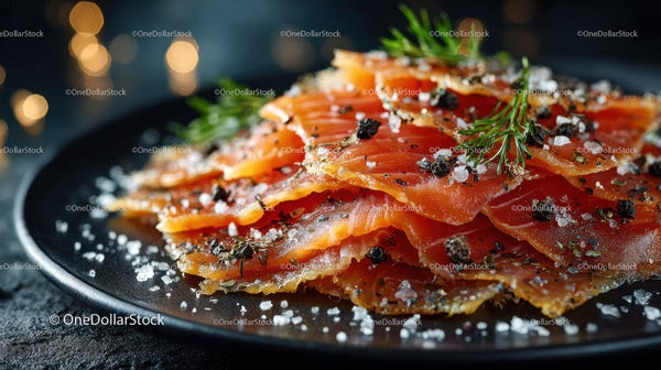 Fresh Sliced Smoked Salmon with Herbs and Sea Salt on Black Plate Stock Photo Bundle (36 JPG Files)