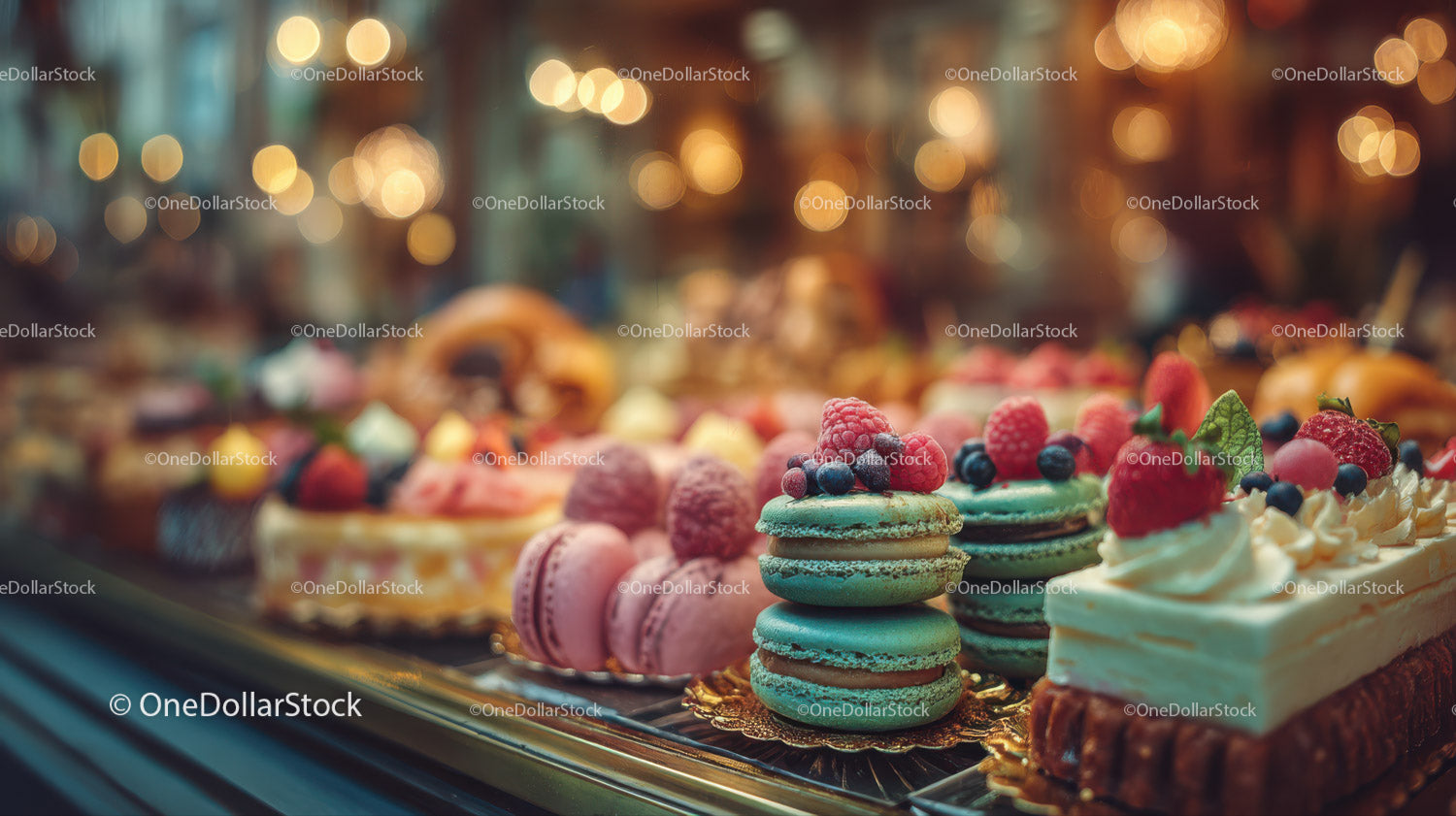 Colorful Macarons and Fruit-Topped Pastries in Bakery Display