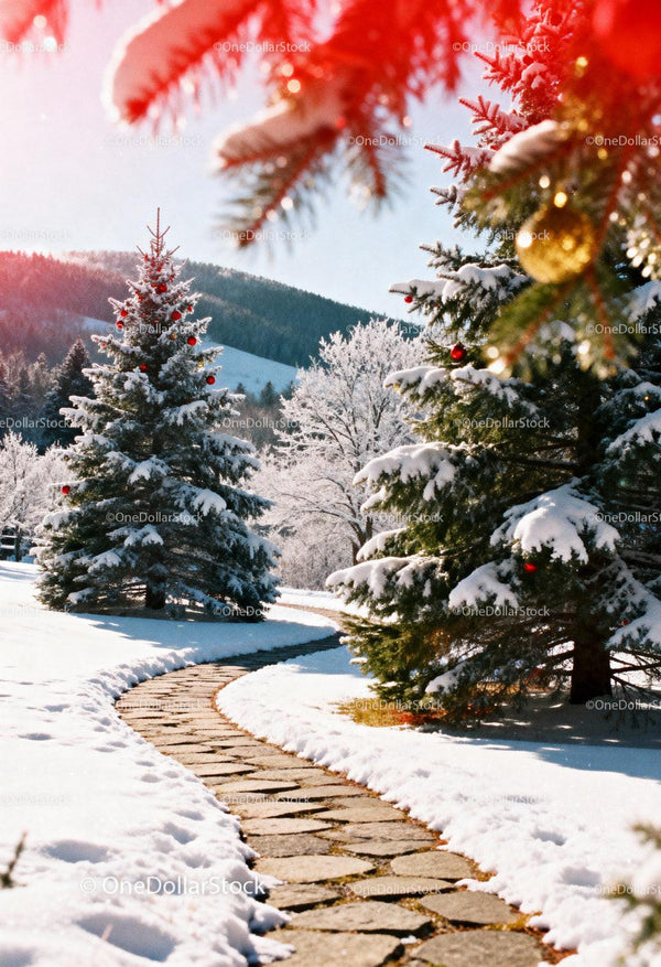 Snowy garden path winding past decorated pine trees