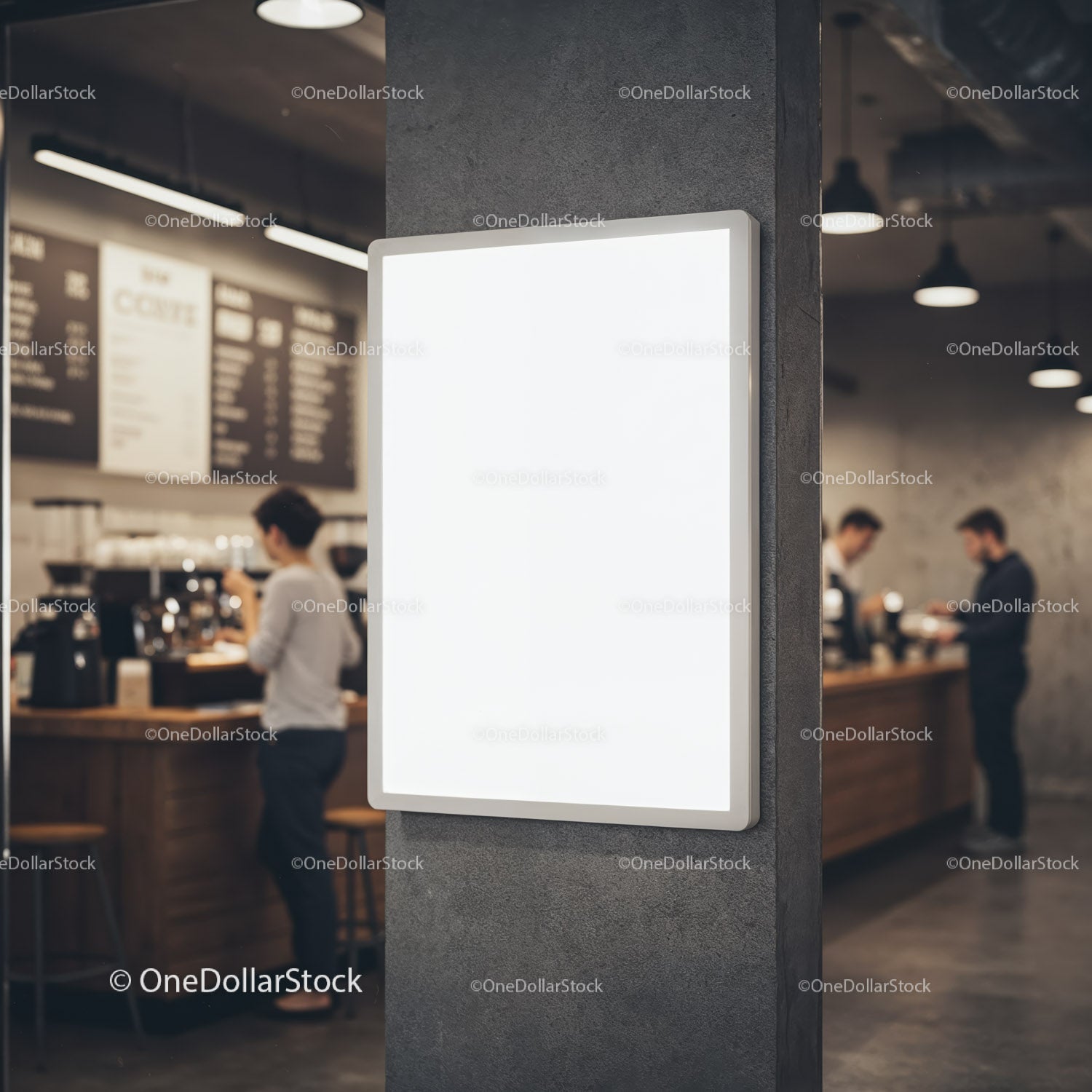 Blank illuminated sign in modern coffee shop interior