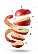 Fresh red apple peeled and sliced with seeds floating
